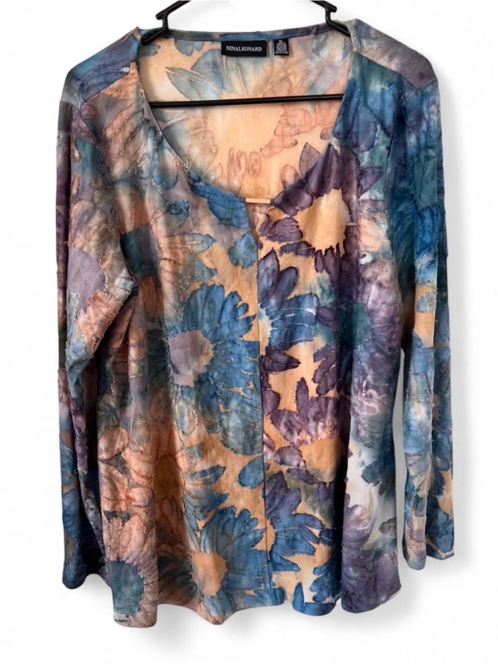 Nina Leonard Blue, Purple and Peach Floral V-Neck Long Sleeve Top